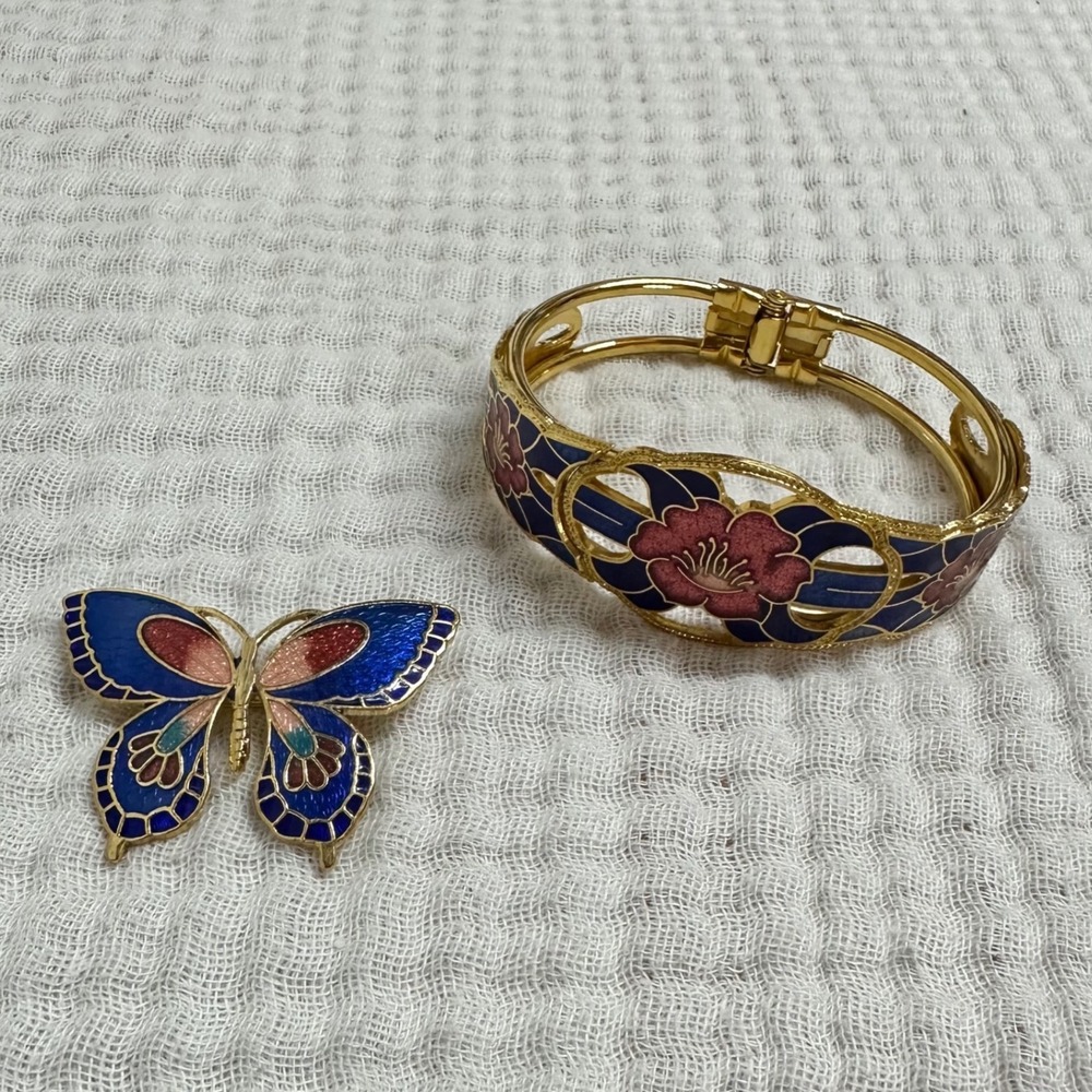 Vintage Cloisonne Set Bracelet hinged Enamel Flower and Butterfly brooch pin